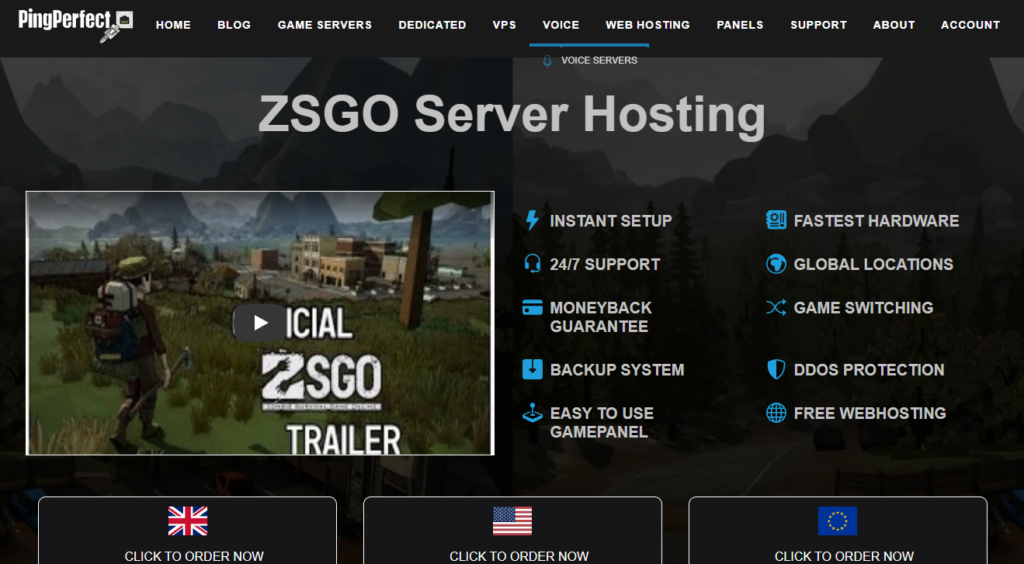Ping perfect ZSGO website hosting landing page screenshot.
