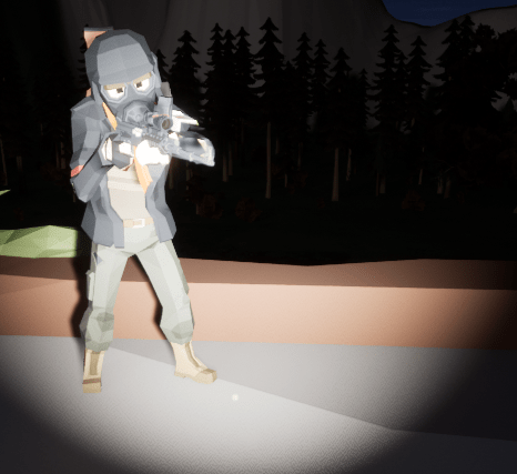 Geared player facing the camera with a flashlight in game.